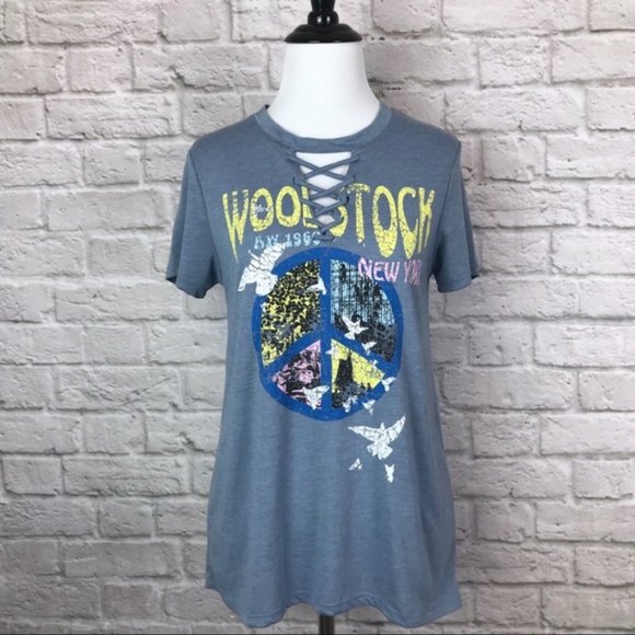 Woodstock Vintage Graphic Tee Small V Neck Lace Up - Picture 1 of 8